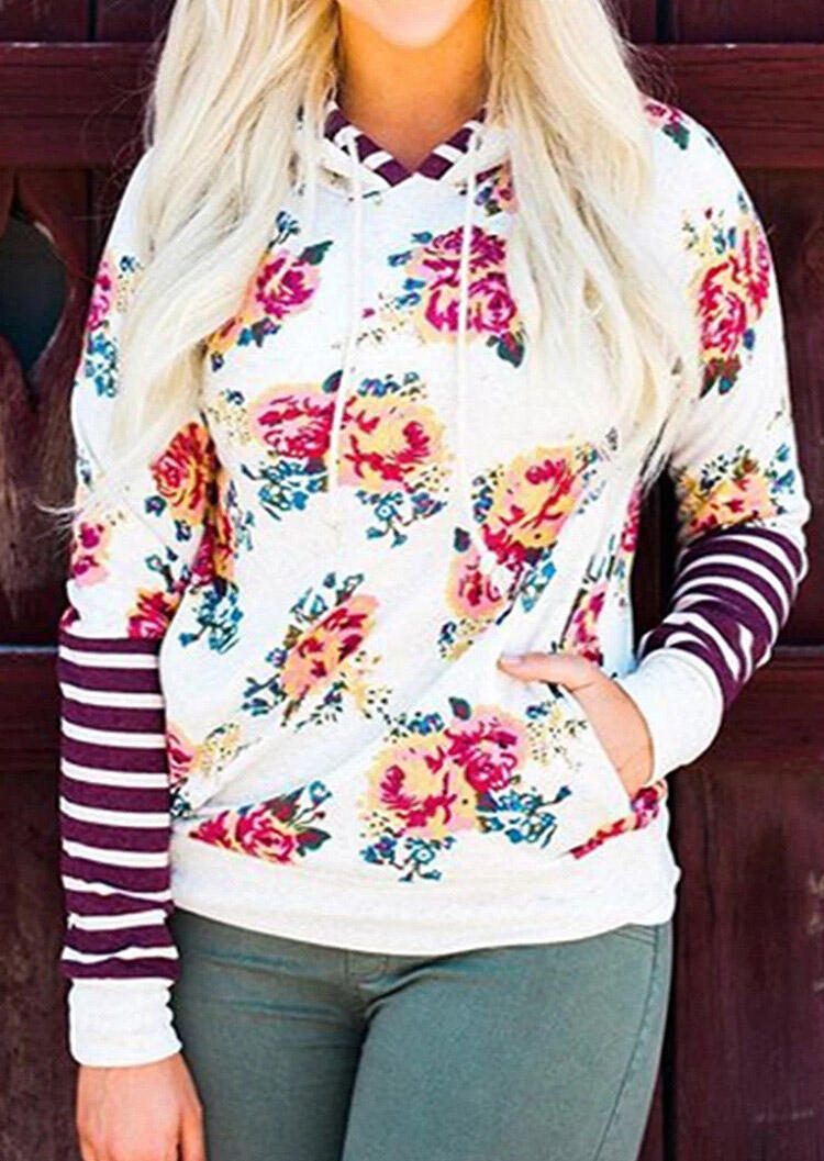 

Floral Striped Splicing Drawstring Pocket Hoodie - White, 487425