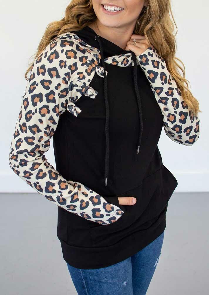 

Leopard Splicing Button Kangaroo Pocket Drawstring Hoodie - Black, 486679