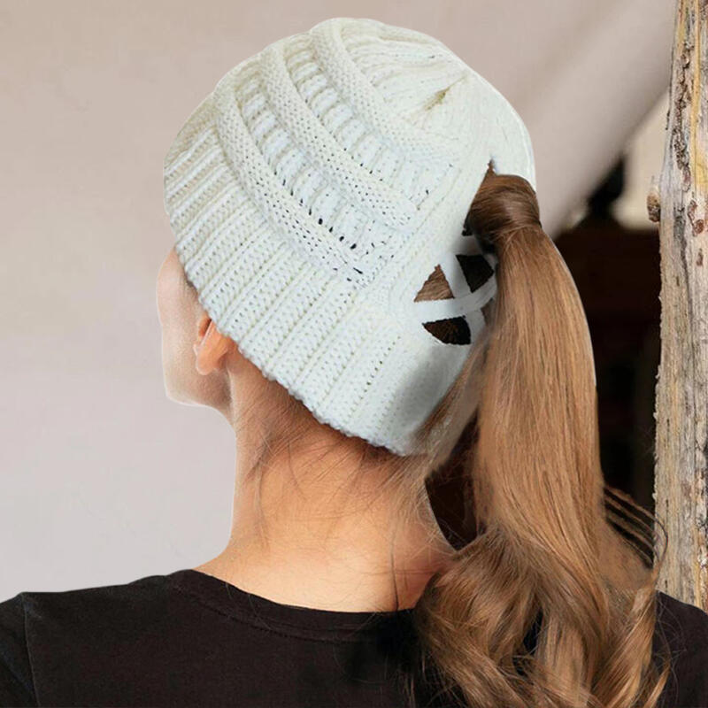 

Winter Warm Criss-Cross Knitted Ponytail Beanie Hat, White, 487322