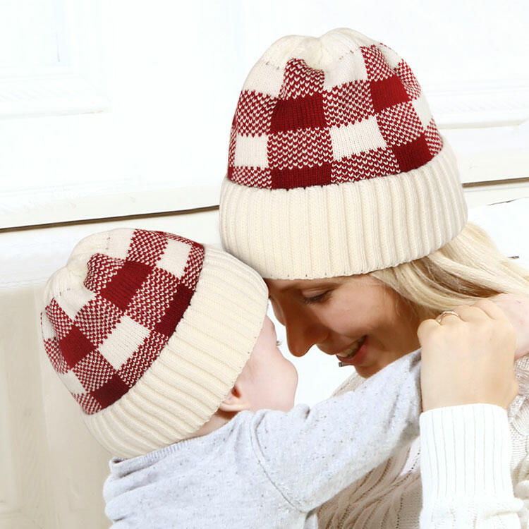 

2Pcs Buffalo Plaid Mother And Baby Knitted Beanie Hat, Black, 487371