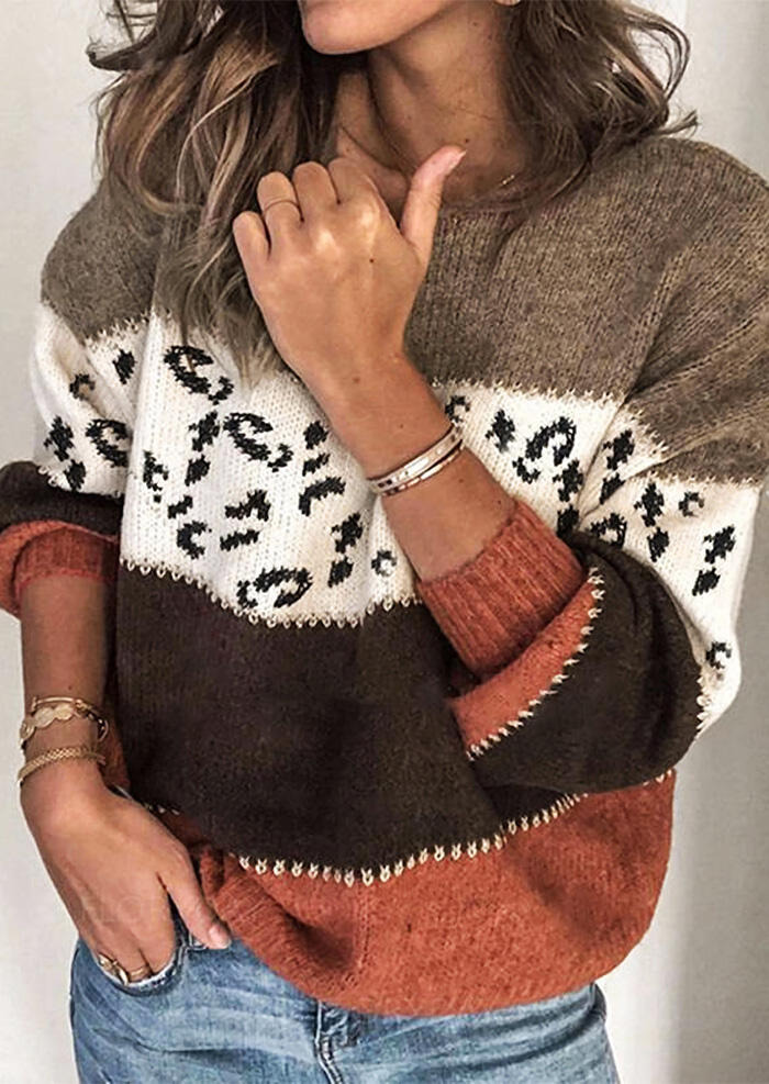 color block leopard sweater