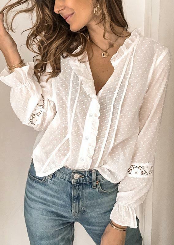 

Dotted Swiss Lace Ruffled Edge Elastic Cuff Shirt - White, 487434