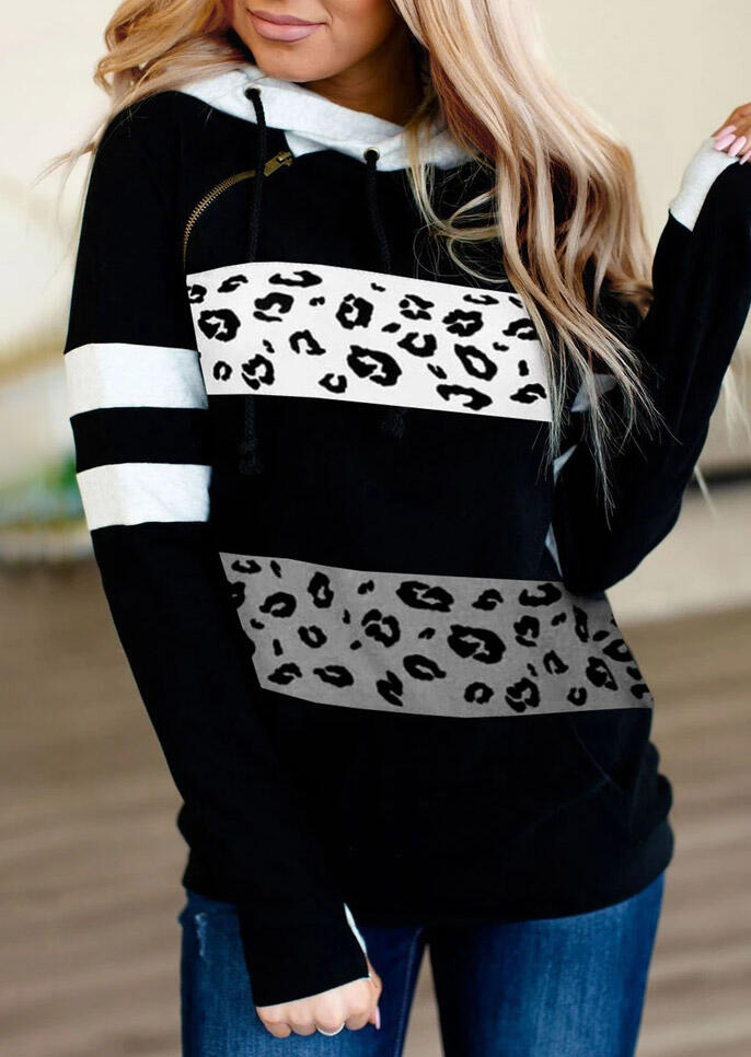 

Color Block Leopard Zipper Long Sleeve Hoodie - Black, 487460