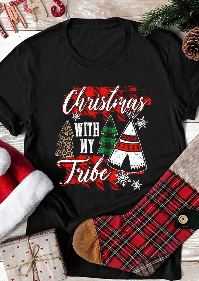 

Christmas With My Tribe Plaid Leopard Snowflake T-Shirt Tee - Black, 487461