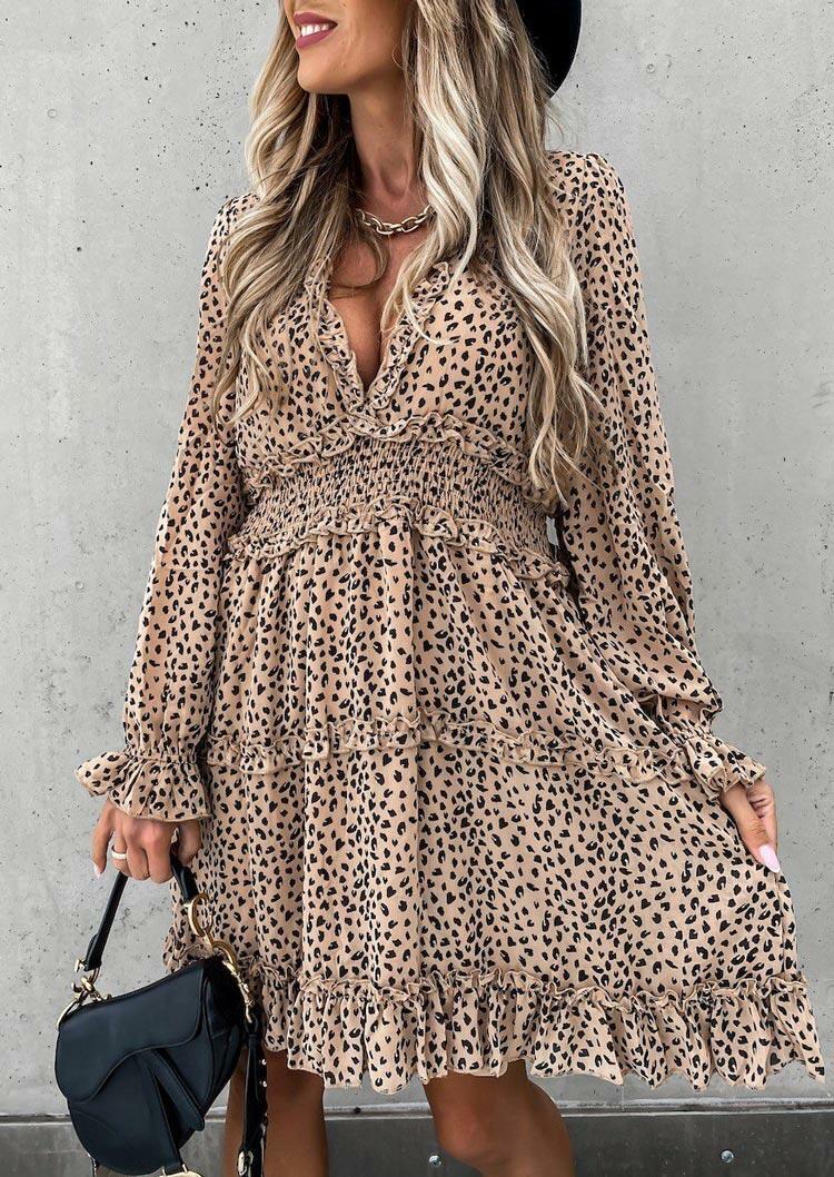 

Leopard Ruffled V-Neck Elastic Waist Mini Dress, 487469
