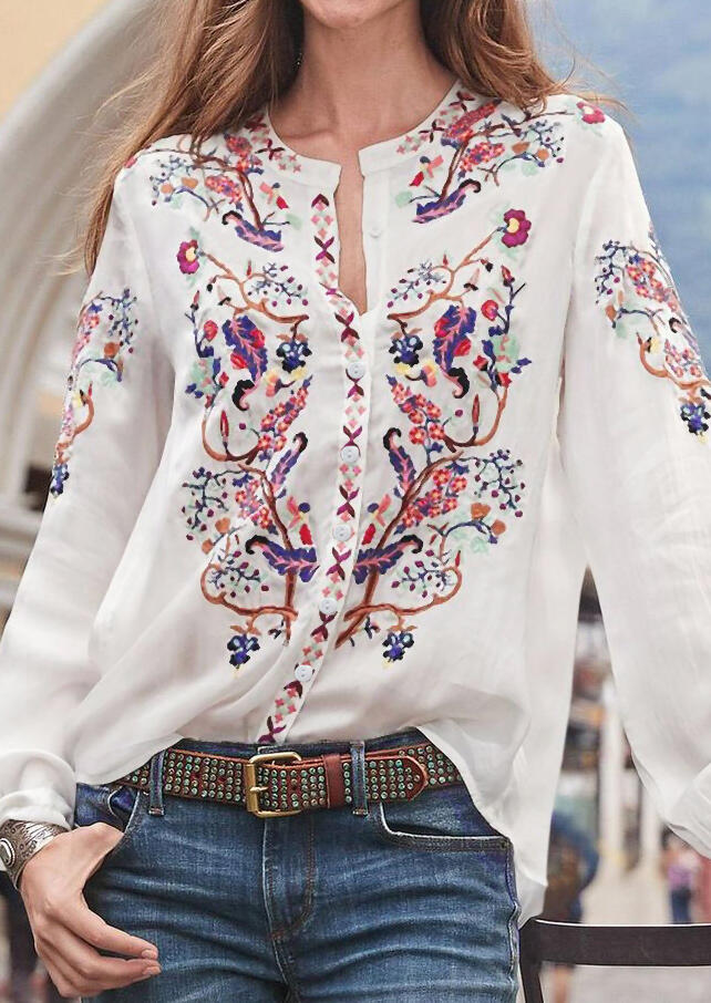 

Floral Button Long Sleeve O-Neck Blouse - White, 487492