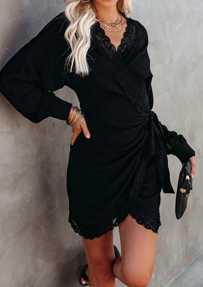 

Lace Splicing Ruched Wrap Tie V-Neck Mini Dress - Black, 487505