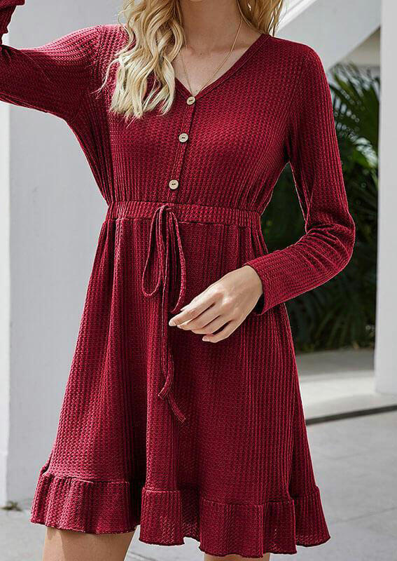 

Waffle Ruffled Drawstring Tie Button V-Neck Mini Dress - Red, 487514