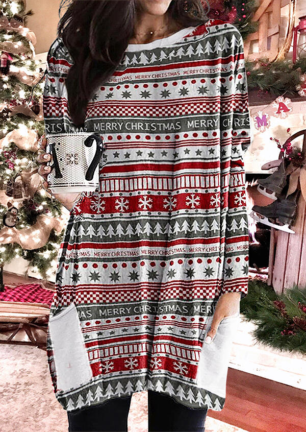 

Merry Christmas Tree Snowflake Pocket Mini Dress, Multicolor, 487541