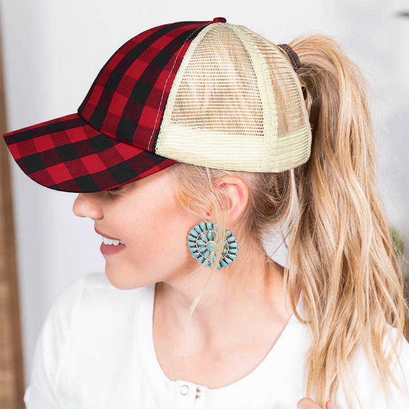

Plaid Mesh Splicing Criss-Cross Hollow Out Baseball Cap, Red, 485348