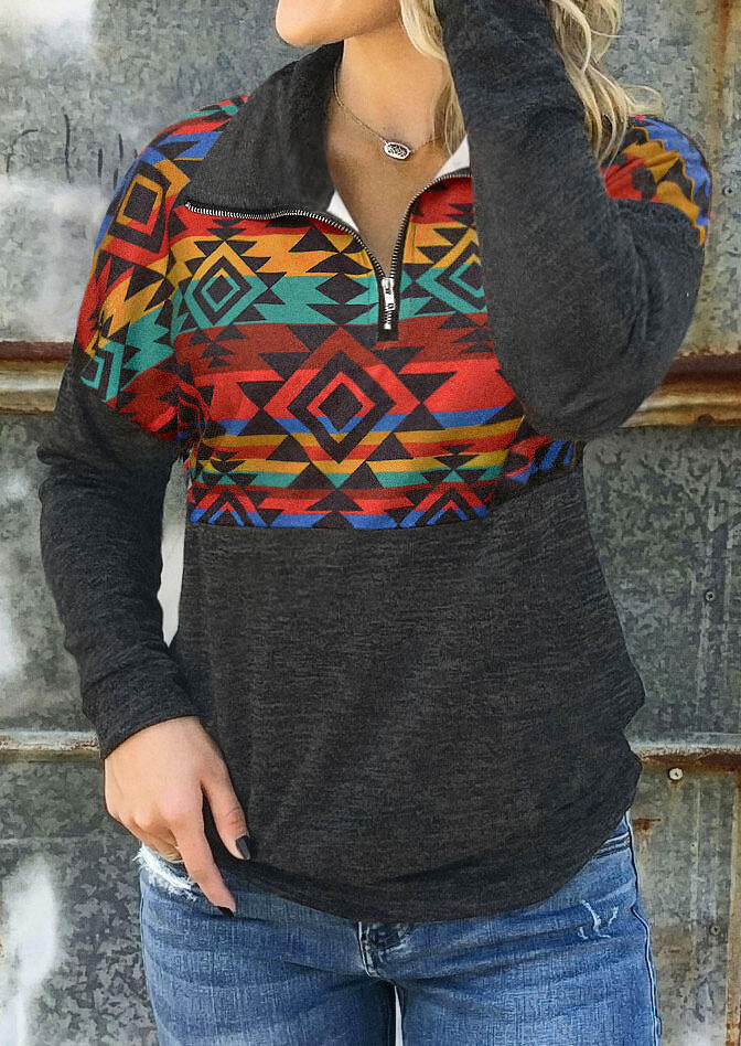 

Aztec Geometric Zipper Collar Sweatshirt - Dark Grey, 486657