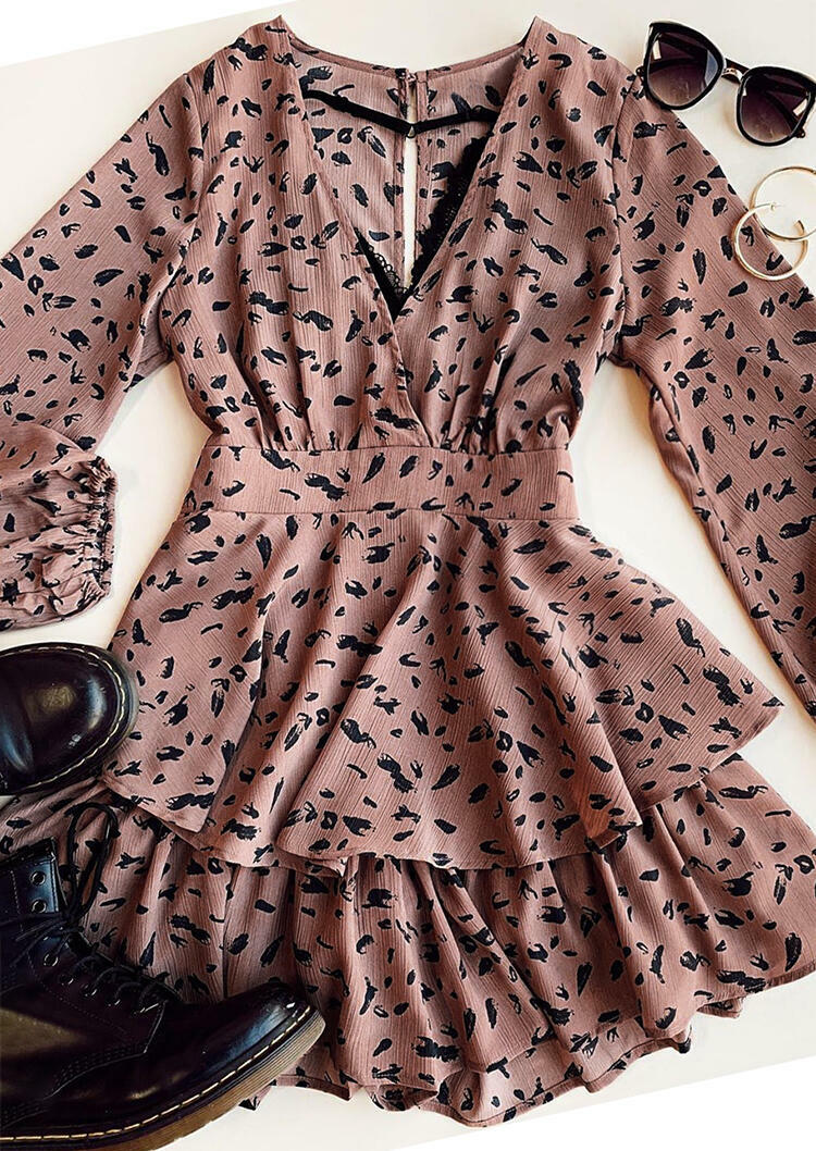 

Leopard Layered Hollow Out Elastic Cuff V-Neck Mini Dress - Light Coffee, 487401