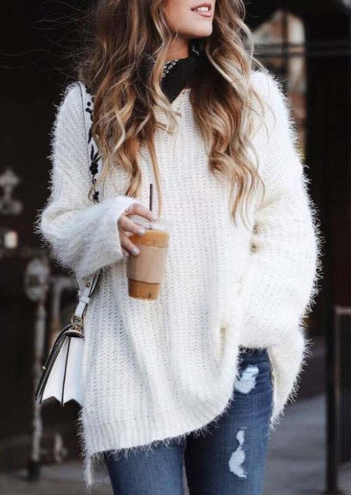 

Warm Long Sleeve Asymmetric Plush Knitted Sweater - White, 487497