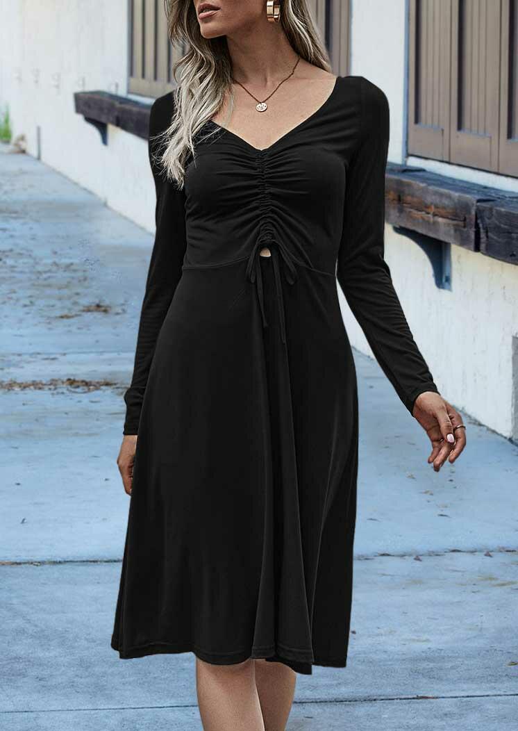 

Hollow Out Ruffled Drawstring V-Neck Casual Dress - Black, 487509