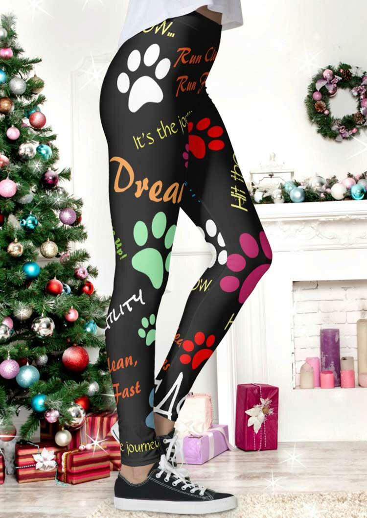 

Christmas Dog Paw Letter Graphic Elastic Waist Leggings - Black, 487524