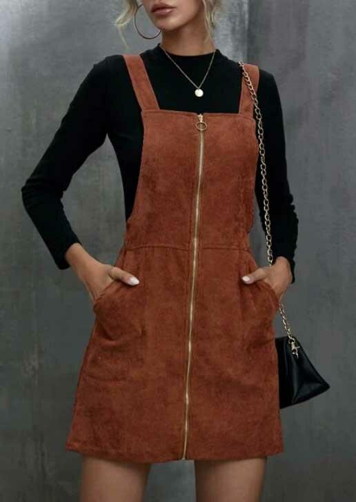 

Pocket O-Ring Zipper Corduroy Overall Mini Dress - Brown, 487525
