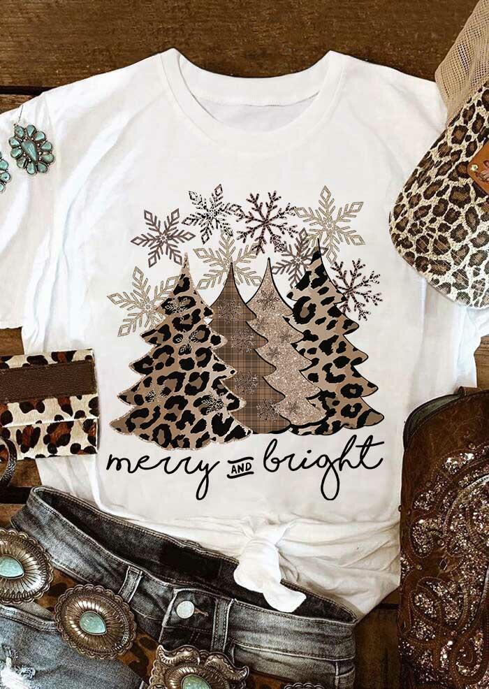 

Merry And Bright Christmas Tree Leopard Snowflake T-Shirt Tee - White, 487590