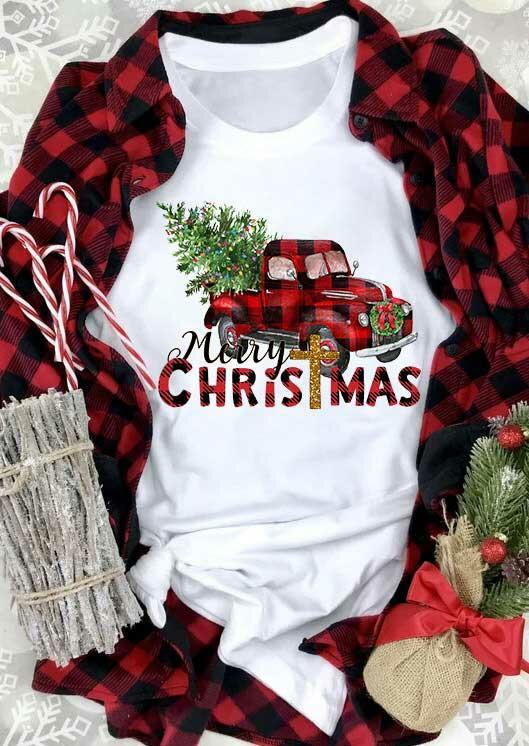 

Merry Christmas Tree Buffalo Plaid Truck T-Shirt Tee - White, 487596