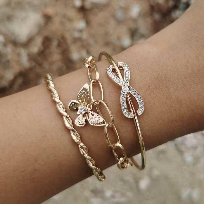 

3Pcs Rhinestone Butterfly Twist Oval Link Bracelet Set - Gold, 487599