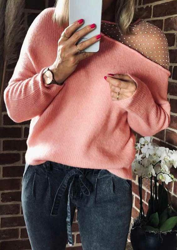 

Dot Mesh Splicing Tie Knitted Pullover Sweater, Pink, 487600