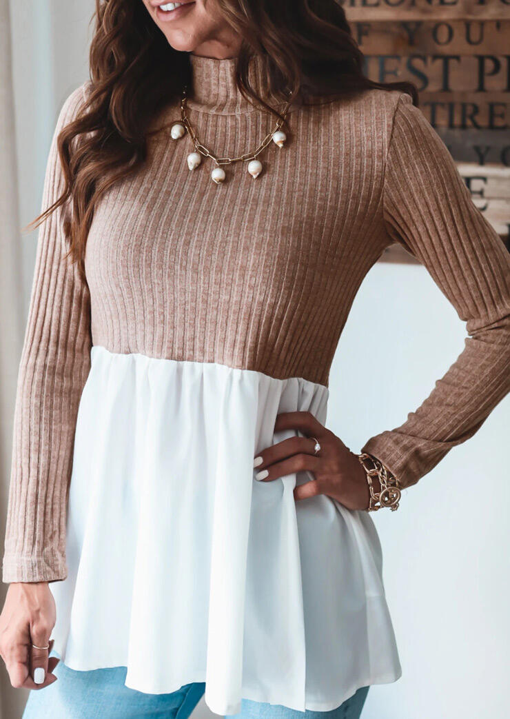 

Ruffled Splicing Turtleneck Long Sleeve Casual Blouse - Khaki, 487618