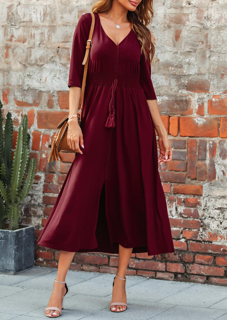 Elastic Waist Drawstring Slit V-Neck Casual Dress - Burgundy - Bellelily