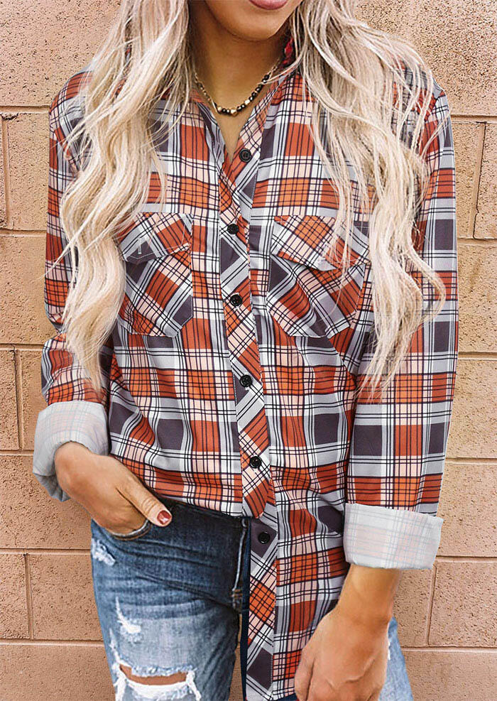 

Plaid Button Pocket Turn-Down Collar Shirt, 487377