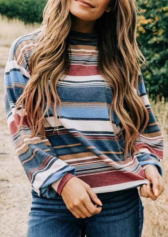 

Colorful Striped O-Neck Lantern Sleeve Blouse, Multicolor, 487653