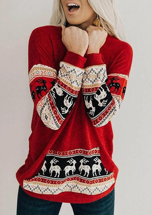 

Reindeer Kangaroo Pocket O-Neck Blouse - Red, 487654
