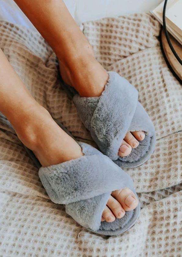 

Cross Band Plush Warm Flat Slippers, Gray, 487666