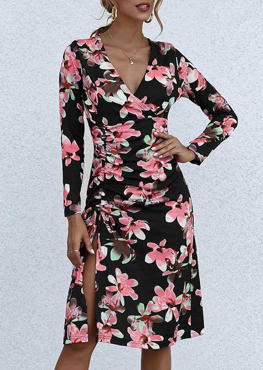 

Floral V-Neck Wrap Side Slit Drawstring Casual Dress - Black, 487677