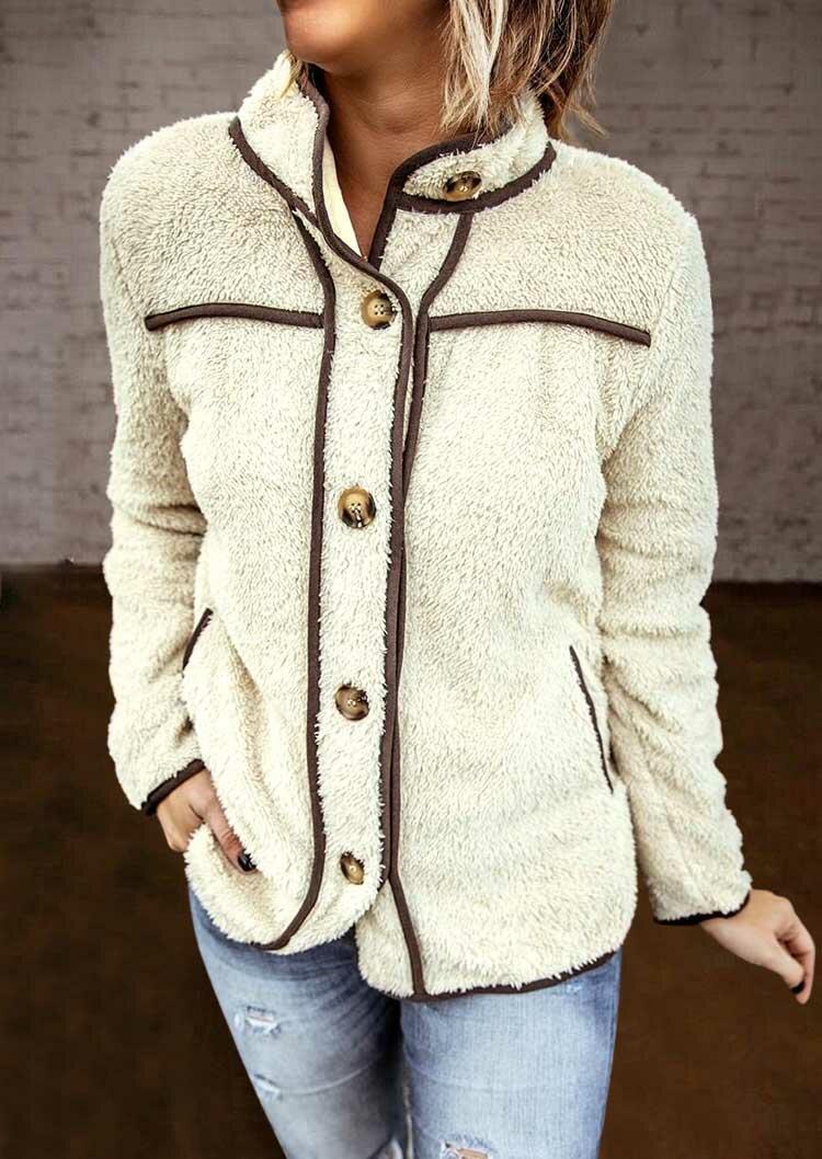 

Button Pocket Plush Stand Collar Long Sleeve Coat - Beige, 487684