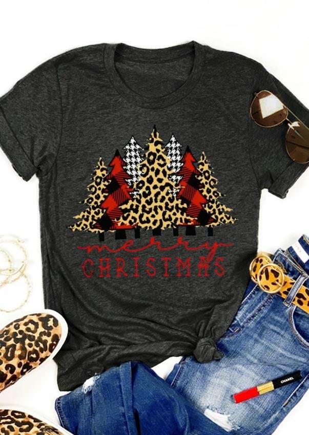 

Merry Christmas Plaid Leopard Trees T-Shirt Tee - Dark Grey, 487693