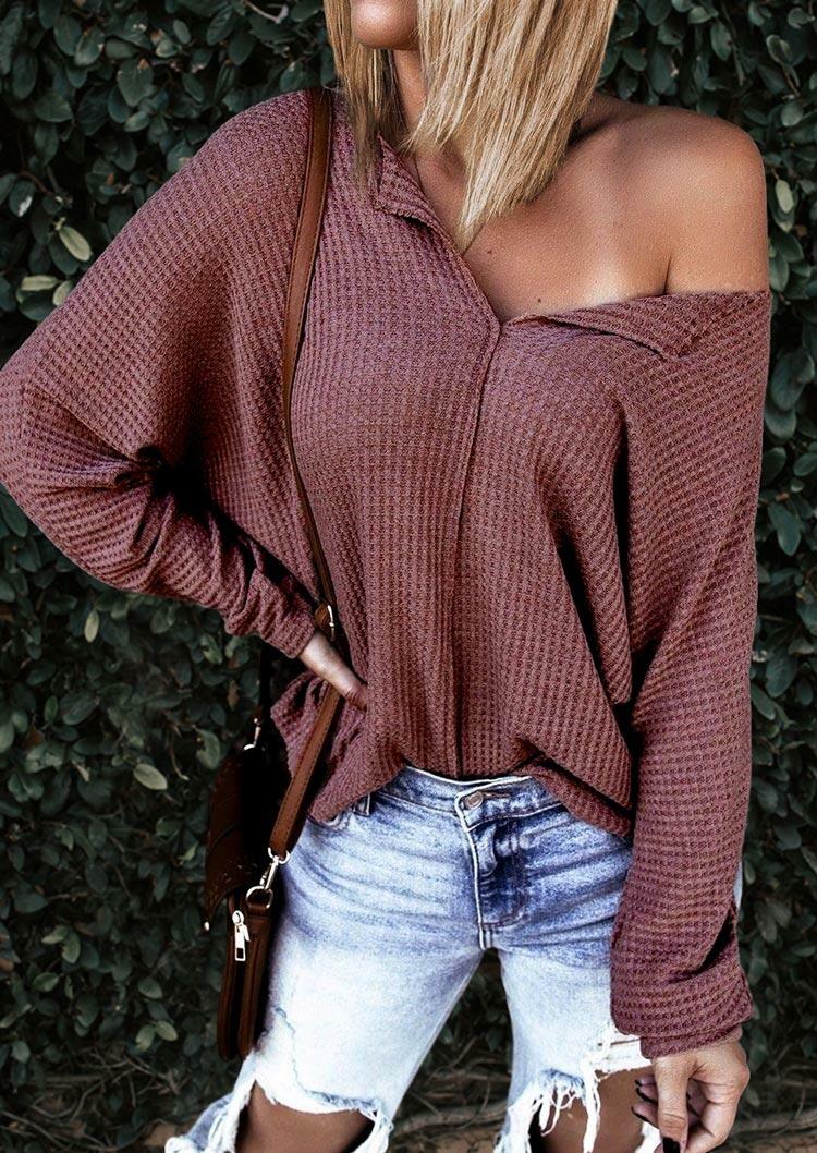 

Waffle V-Neck Batwing Sleeve Casual Blouse - Cameo Brown, 487694