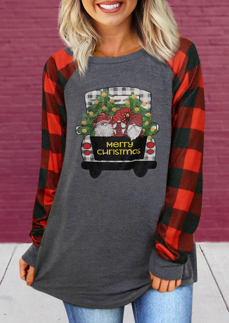 

Merry Christmas Truck Gnomies Plaid Splicing T-Shirt Tee - Gray, 487195