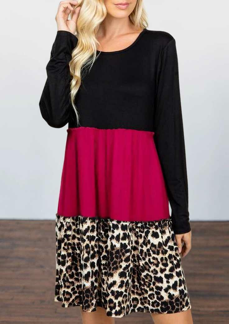 

Leopard Color Block Ruffled O-Neck Mini Dress, Multicolor, 487630