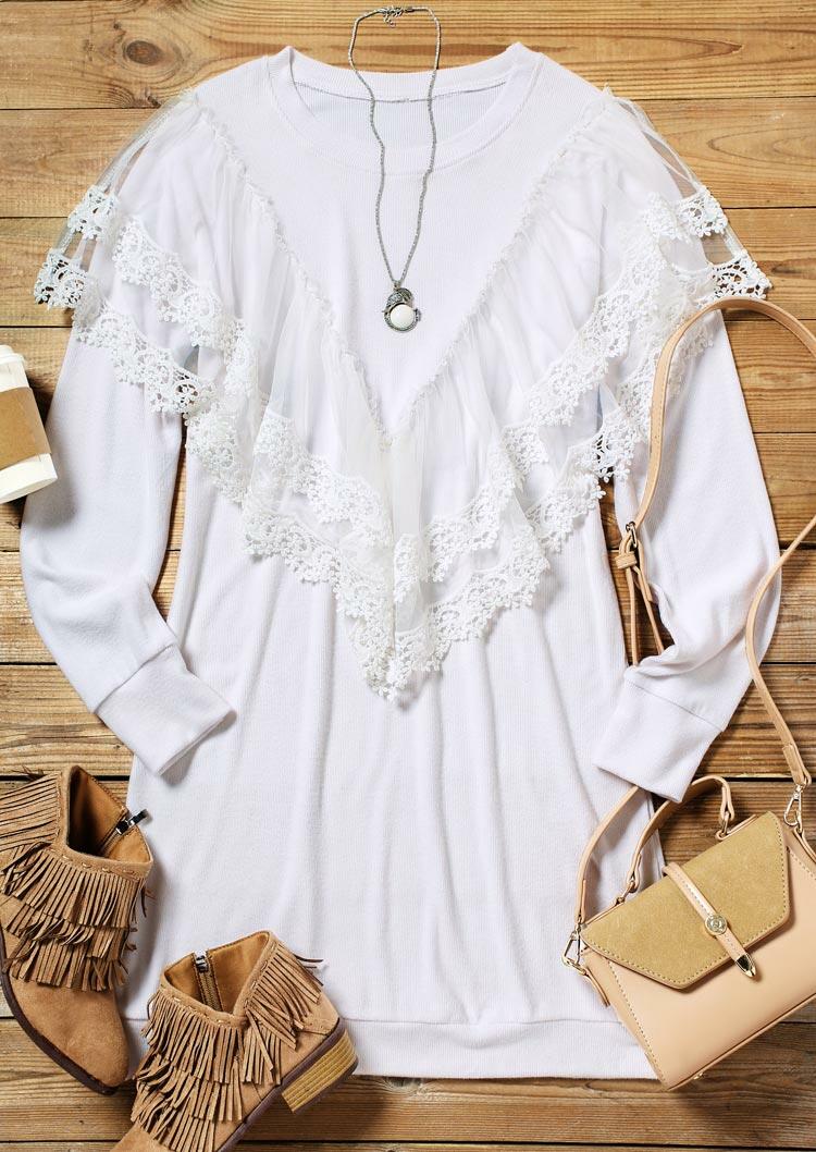 Lace Splicing O-Neck Mini Dress - White