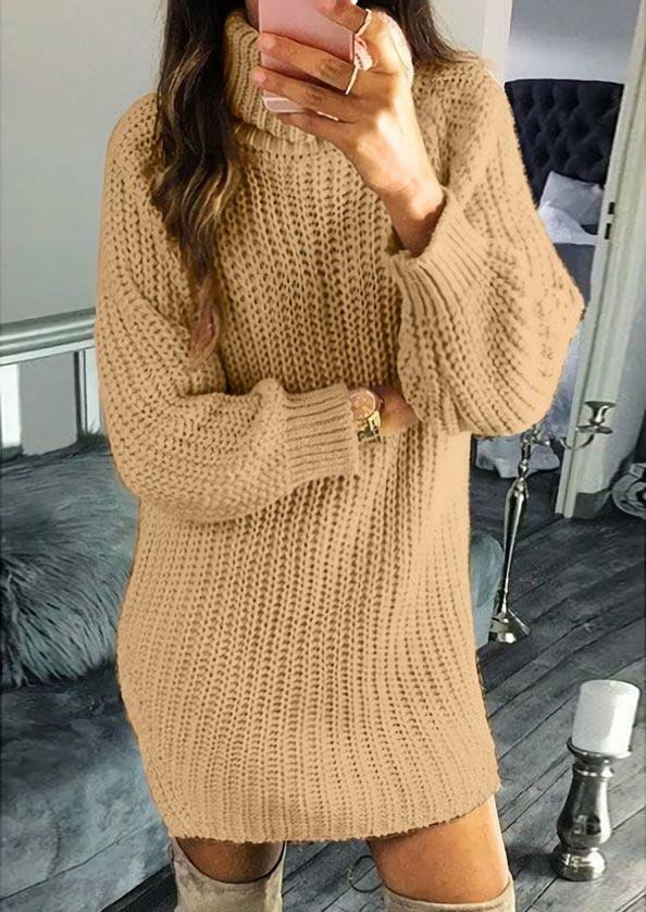 

Turtleneck Raglan Sleeve Knitted Sweater Mini Dress - Khaki, 487656