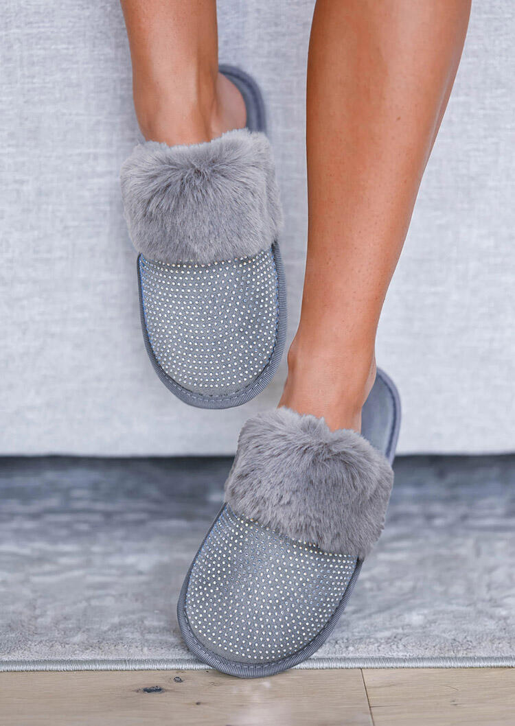 

Sparkles Rhinestone Plush Warm Flat Slippers - Gray, 487672