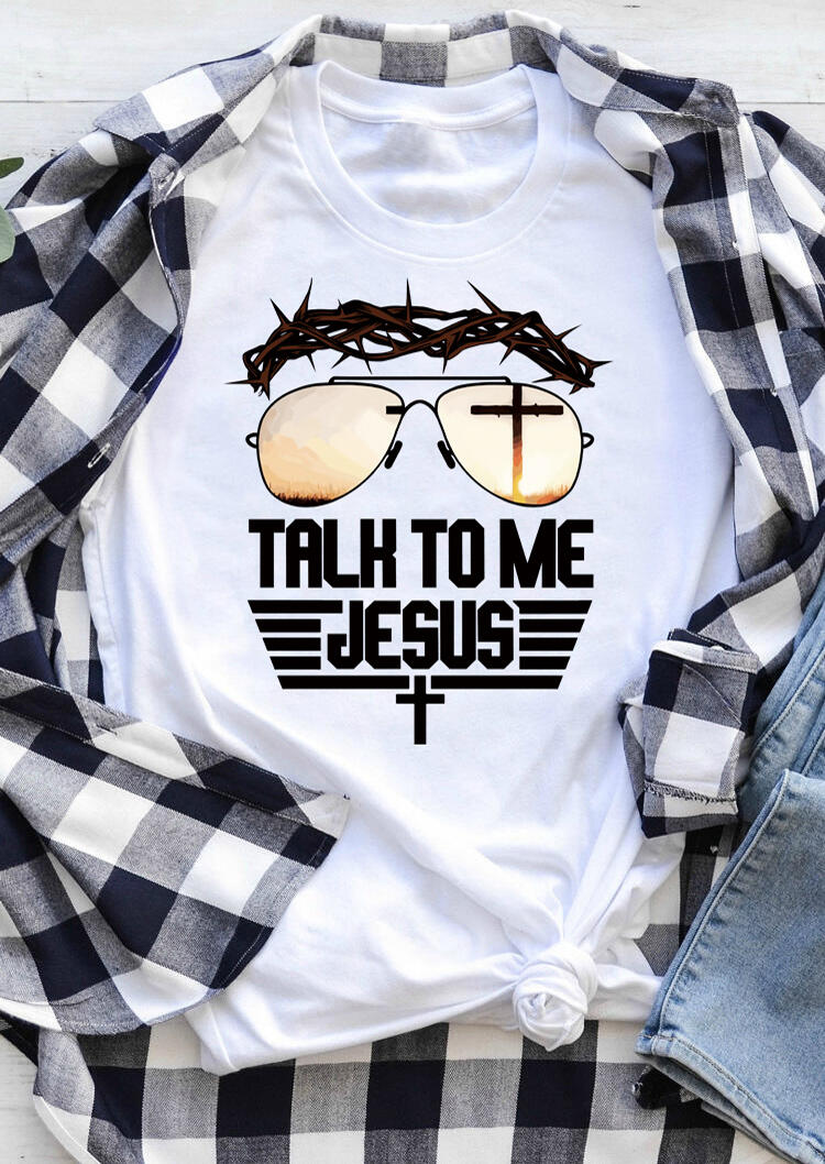 

Talk To Me Jesus Glasses Cross T-Shirt Tee - White, 487702