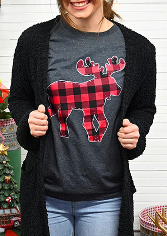 

Christmas Buffalo Plaid Reindeer T-Shirt Tee - Dark Grey, 487708