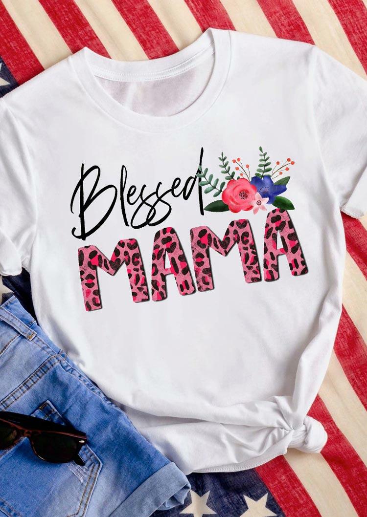 

Blessed Mama Leopard Floral T-Shirt Tee - White, 487711