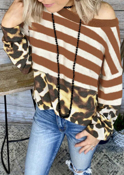 

Striped Leopard Splicing Long Sleeve Blouse, Stripe, 487725