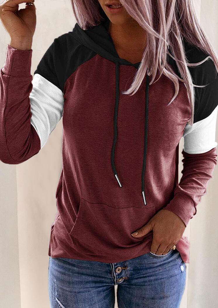 

Color Block Drawstring Kangaroo Pocket Hoodie - Burgundy, Red, 487754