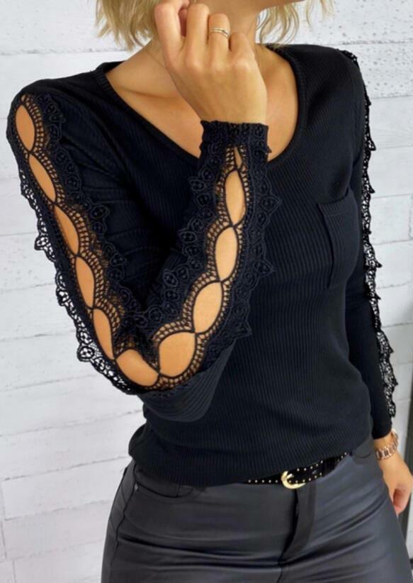 

Lace Splicing Pocket Hollow Out Long Sleeve Blouse - Black, 487848