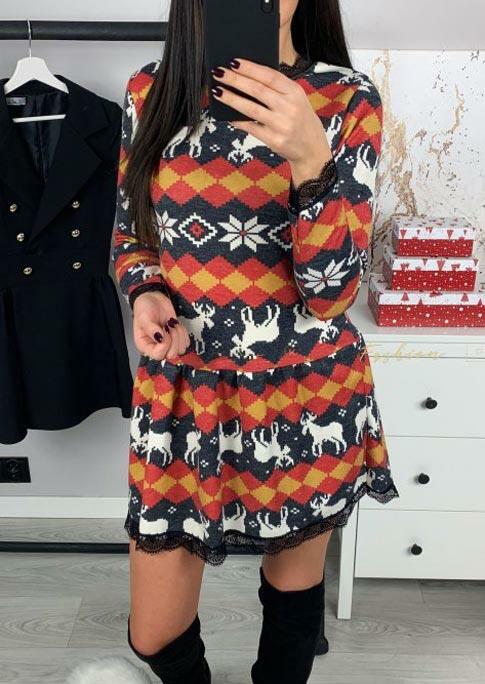 

Christmas Reindeer Geometric Snowflake Lace Splicing Mini Dress, Multicolor, 487852