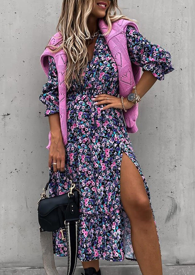 

Floral Ruffled Slit V-Neck Long Sleeve Casual Dress, Multicolor, 484959