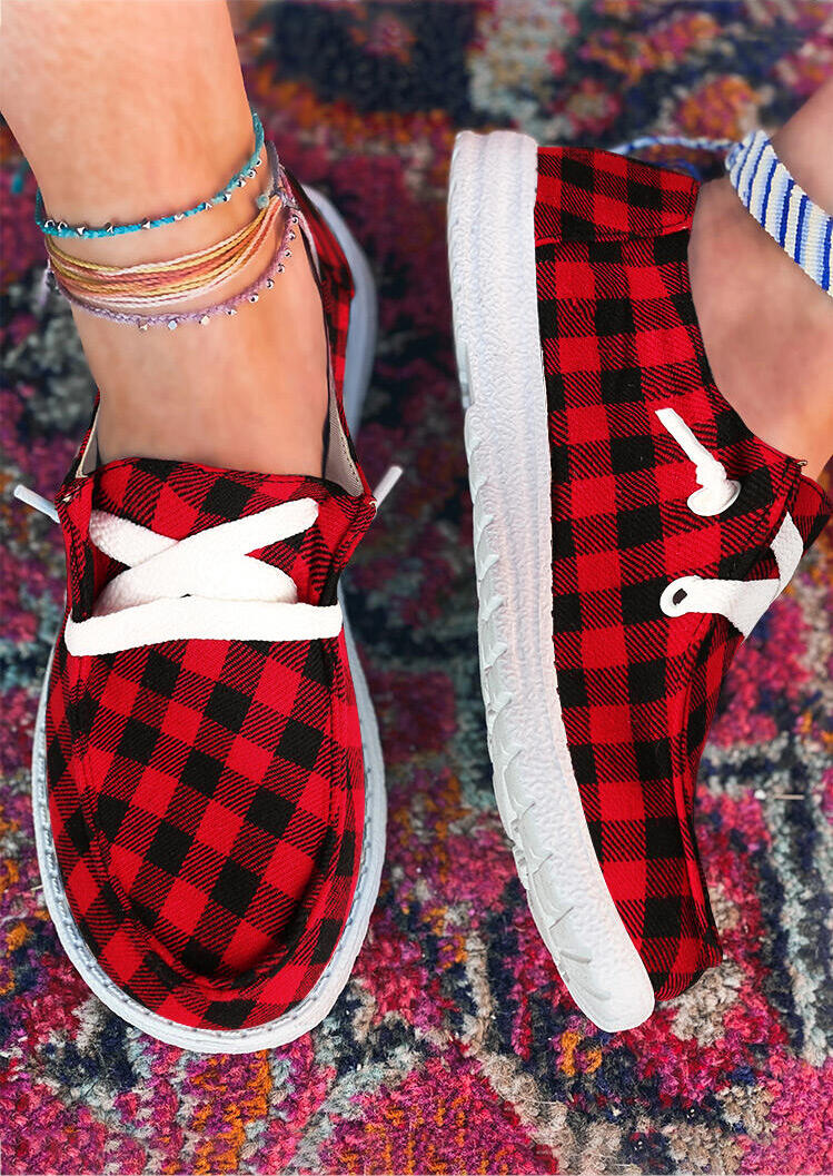 buffalo plaid lace up round toe flat sneakers