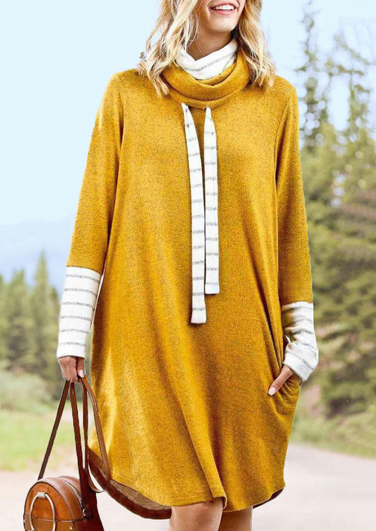 

Striped Splicing Drawstring Cowl Neck Mini Sweatshirt Dress - Yellow, 485462