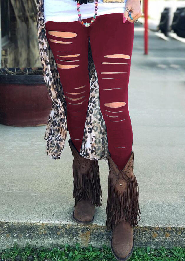

Hollow Out Elastic Waist Skinny Leggings - Burgundy, 487393